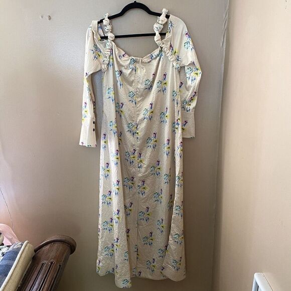 GANNI NWT $295 Crinkled Satin Floral Ruffle Strap Maxi Slit Dress Size 42 L - Picture 14 of 15